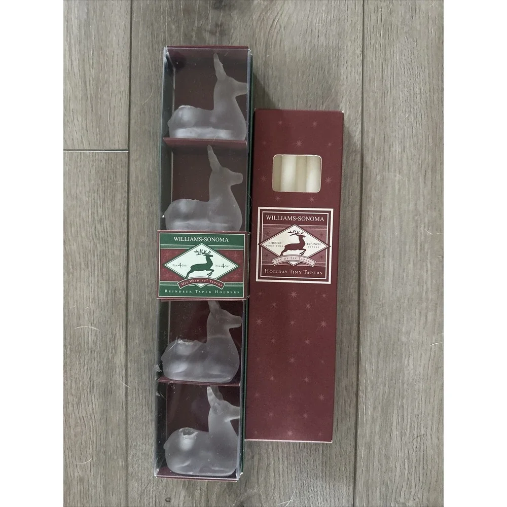 Williams Sonoma Christmas Reindeer Deer Tiny Taper Holders Solid Frosted Glass 4